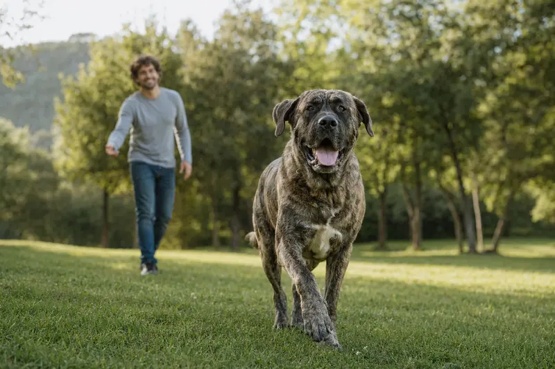Ein fröhlicher Mastín Español Hund läuft über eine grüne Wiese, während sein Besitzer im Hintergrund spielt und die Sonne scheint.