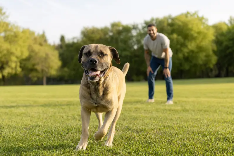 Ein vitaler Mastin extremeno Hund spielt glücklich auf einer grünen Wiese, während sein Besitzer im Hintergrund aktiv mit ihm interagiert.
