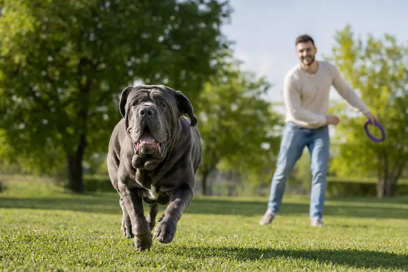 Ein fröhlicher Mastino Napoletano läuft über eine grüne Wiese, während sein Besitzer im Hintergrund spielt.