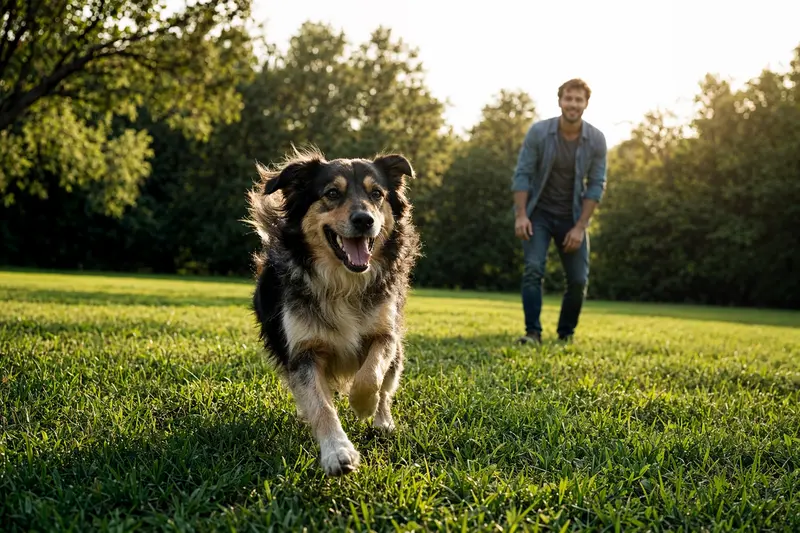 Ein fröhlicher Mazedonischer Hirtenhund läuft über eine grüne Wiese, während sein Besitzer im Hintergrund mit ihm spielt.