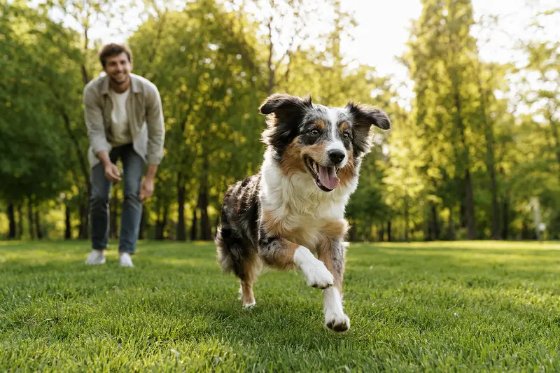 Ein vitaler Miniature American Shepherd läuft fröhlich über eine grüne Wiese im Park, während sein Besitzer im Hintergrund mit ihm spielt.