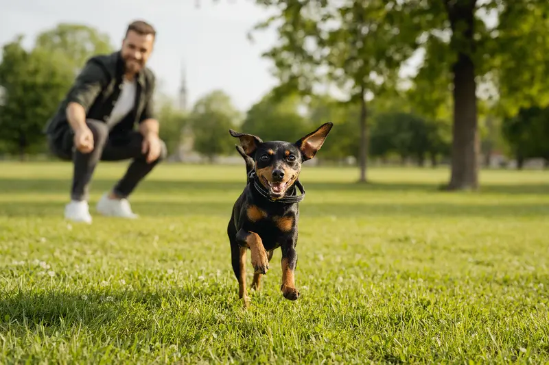 Ein freudiger Minidoberman läuft über eine grüne Wiese, während sein Besitzer im Hintergrund mit ihm spielt.