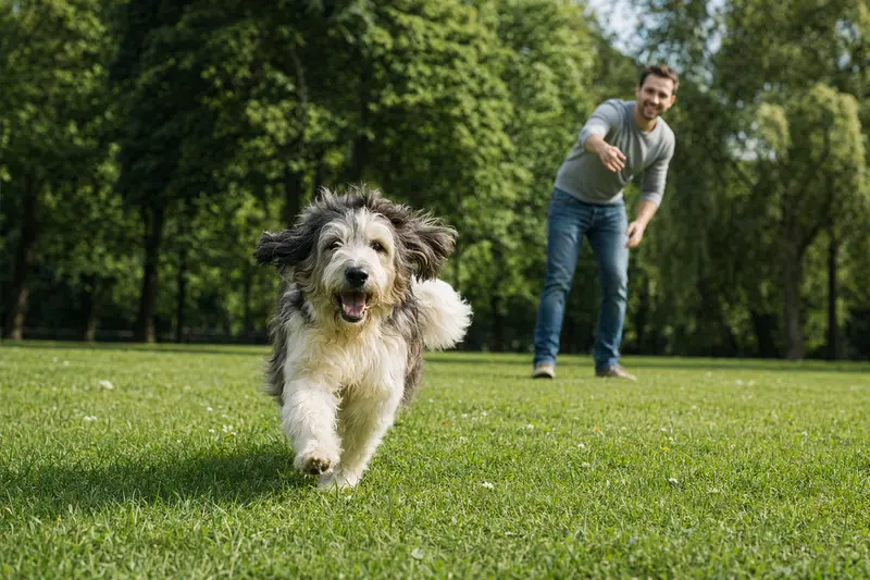 Ein fröhlicher Mioritic Hund rennt über eine grüne Wiese, während sein Besitzer im Hintergrund spielt.