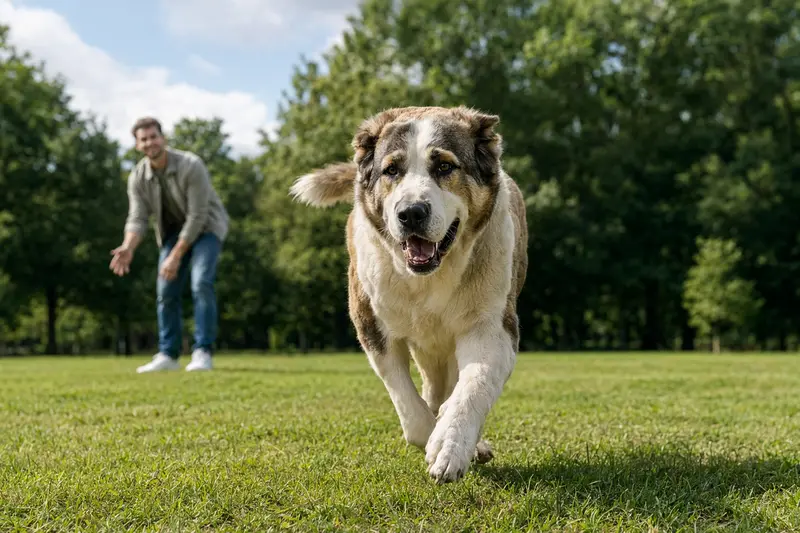 Ein gesunder Mittelasiatischer Schäferhund spielt zusammen mit seinem Besitzer fröhlich auf einer grünen Wiese im Park.