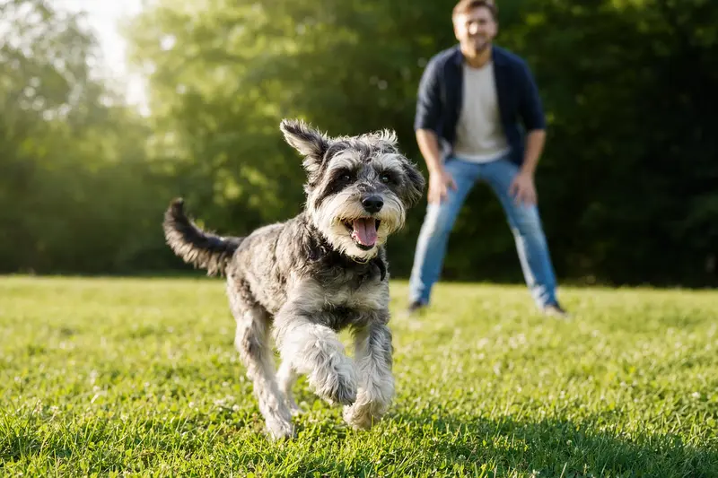 Ein fröhlicher MittelschnauzerHund läuft über eine grüne Wiese, während sein Besitzer im Hintergrund mit ihm spielt, unter strahlend blauem Himmel.