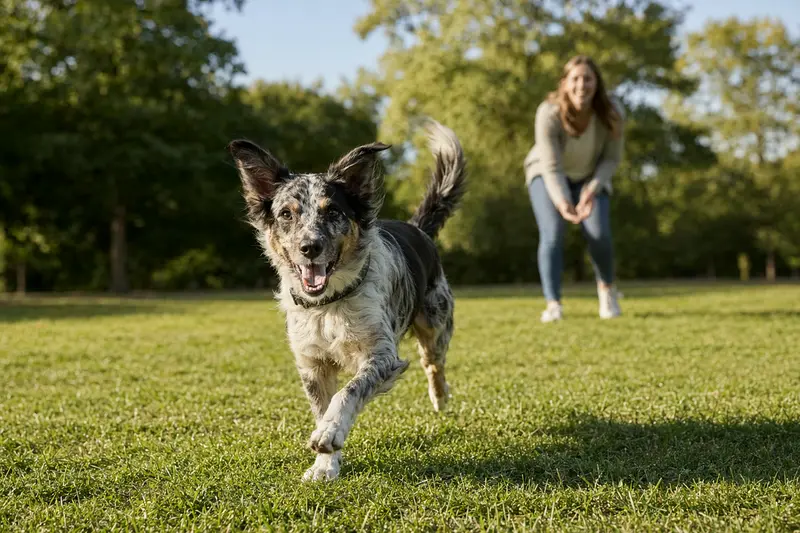 Ein fröhlicher Mocano Hund läuft über eine grüne Wiese im Park, während sein Besitzer im Hintergrund mit ihm spielt.