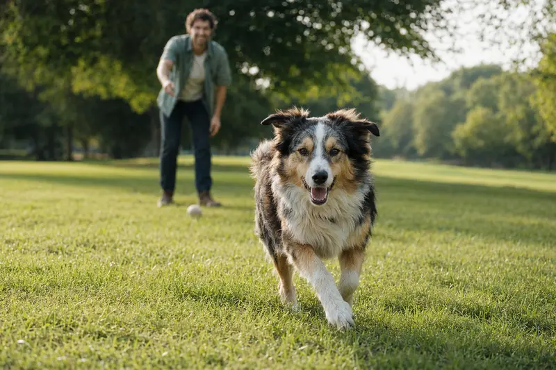 Ein fröhlicher Mountain Collie läuft über eine grüne Wiese, während sein Besitzer mit ihm spielt.
