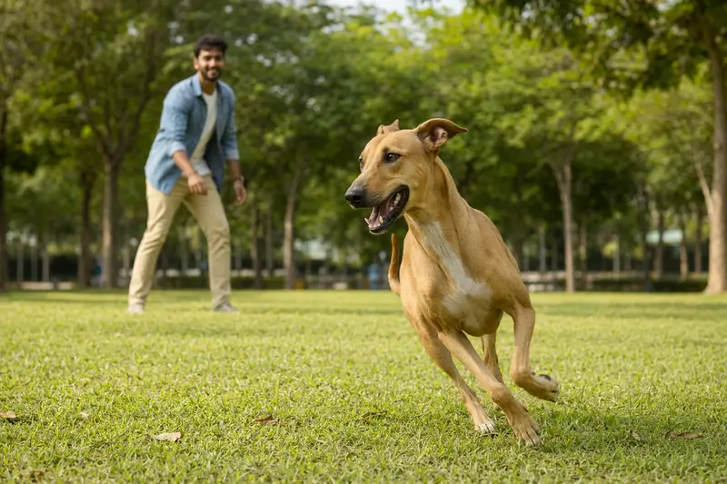Ein vitaler Mudhol Hound Hund läuft fröhlich über eine grüne Wiese, während sein Besitzer im Hintergrund mit ihm spielt.