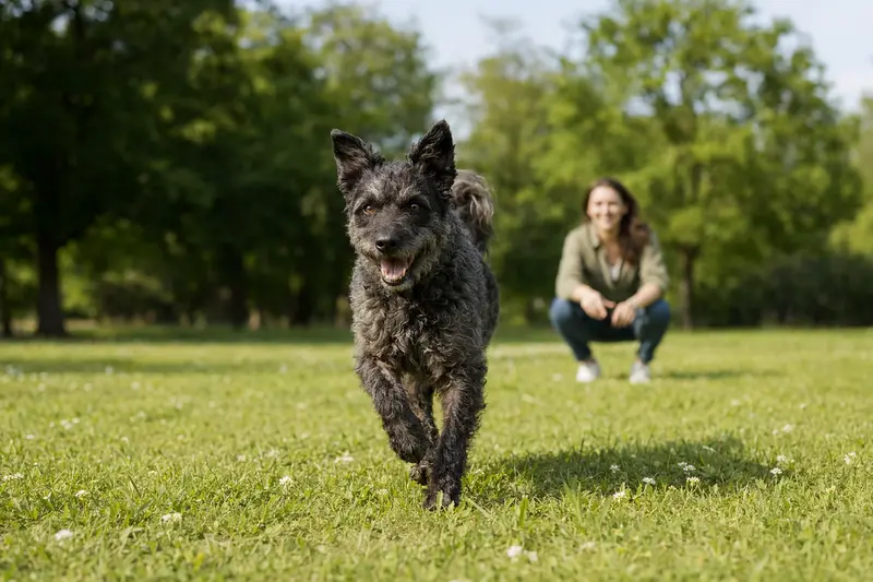 Ein vitaler Mudi Hund läuft fröhlich über eine grüne Wiese, während sein Besitzer im Hintergrund spielt.