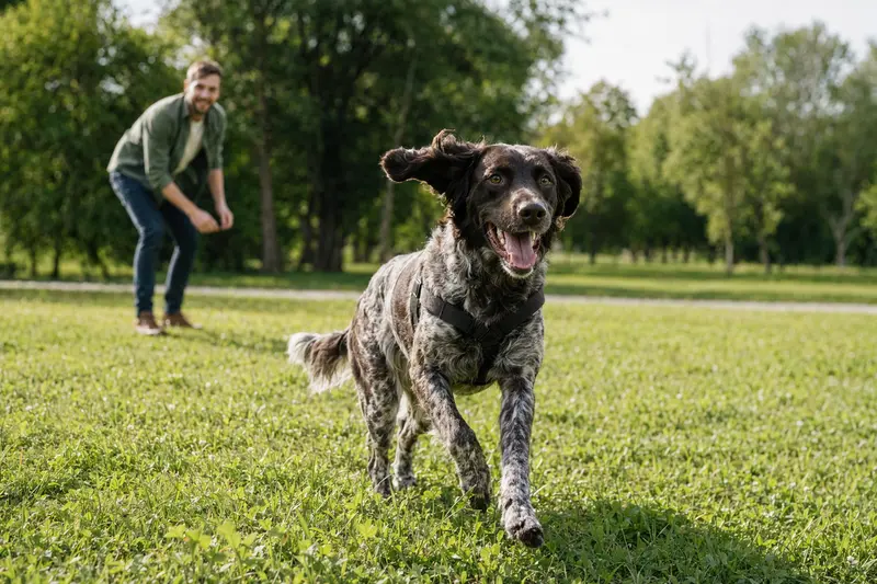 Ein vitaler Münsterländer Hund läuft fröhlich über eine grüne Wiese im Park, während sein Besitzer im Hintergrund mit ihm spielt.
