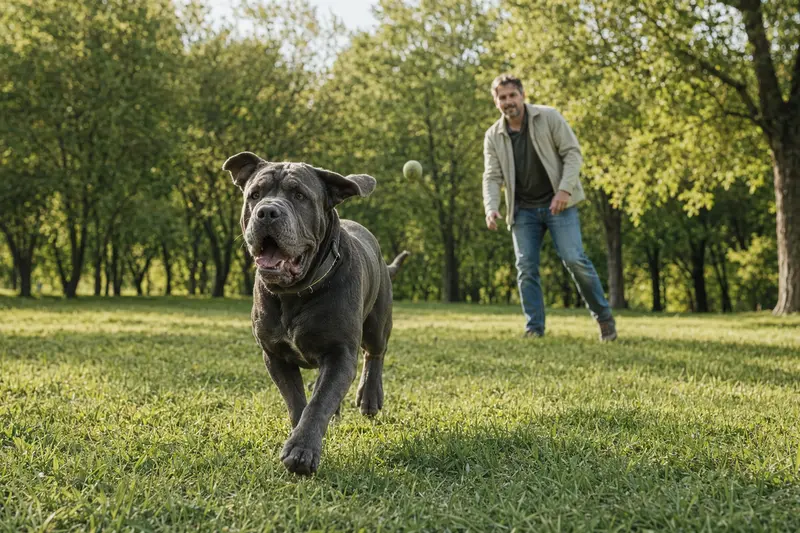 Ein vitaler Napoletano Hund läuft fröhlich über eine grüne Wiese, während sein Besitzer im Hintergrund mit ihm spielt.