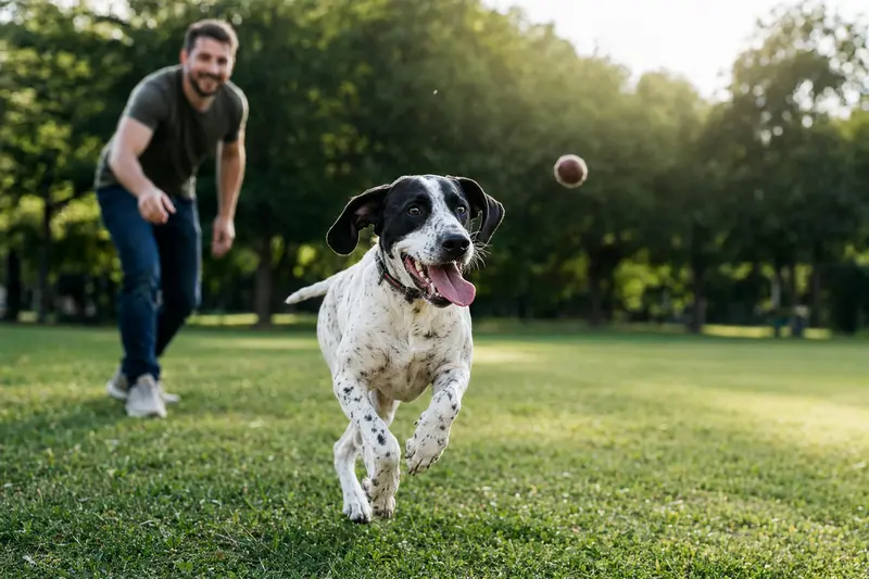 Ein Navarro Pointer Hund läuft fröhlich über eine grüne Wiese, während sein Besitzer im Hintergrund mit ihm spielt.