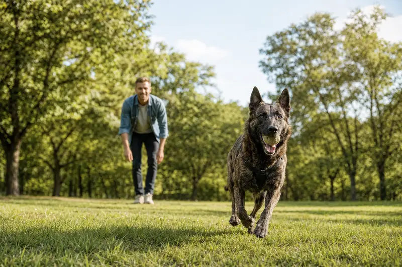 Ein fröhlicher Nederlandse Herdershond läuft über eine grüne Wiese, während sein Besitzer im Hintergrund spielt.