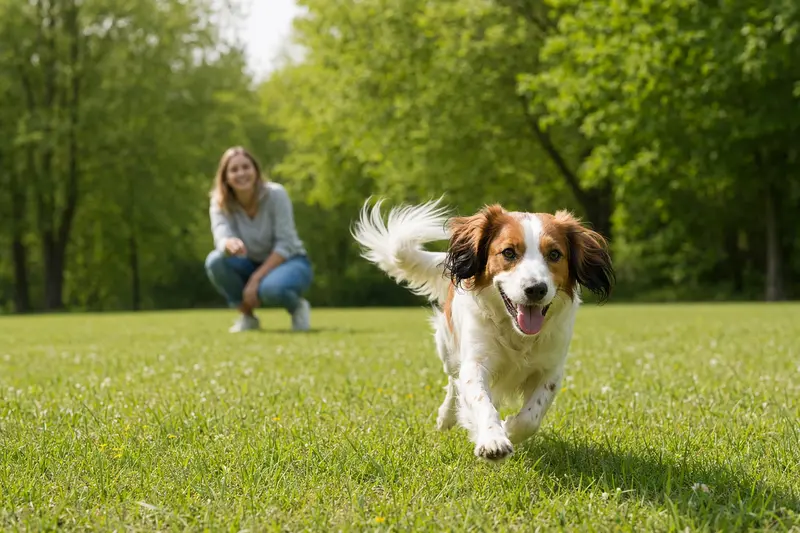 Ein gesunder Nederlandse Kooikerhondje Hund läuft fröhlich über eine grüne Wiese, während sein Besitzer im Hintergrund mit ihm spielt.