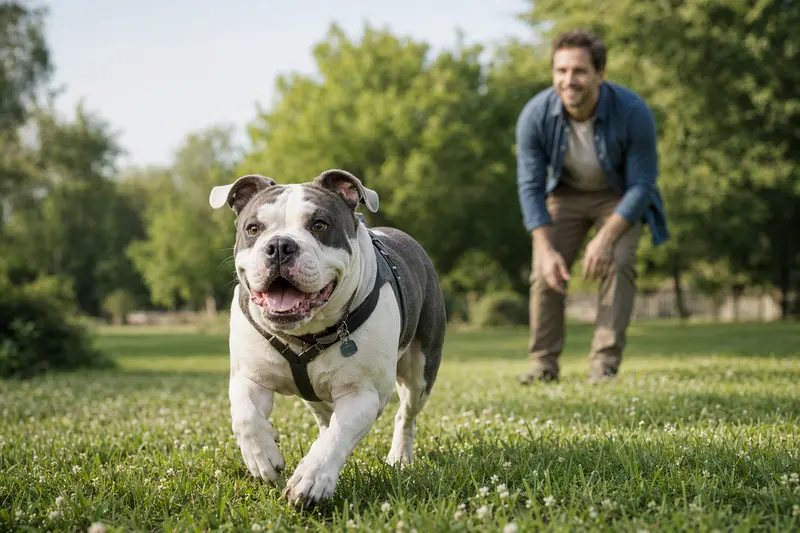 Ein vitale Neue Englische Bulldogge läuft fröhlich über eine grüne Wiese, während sein Besitzer im Hintergrund spielt.