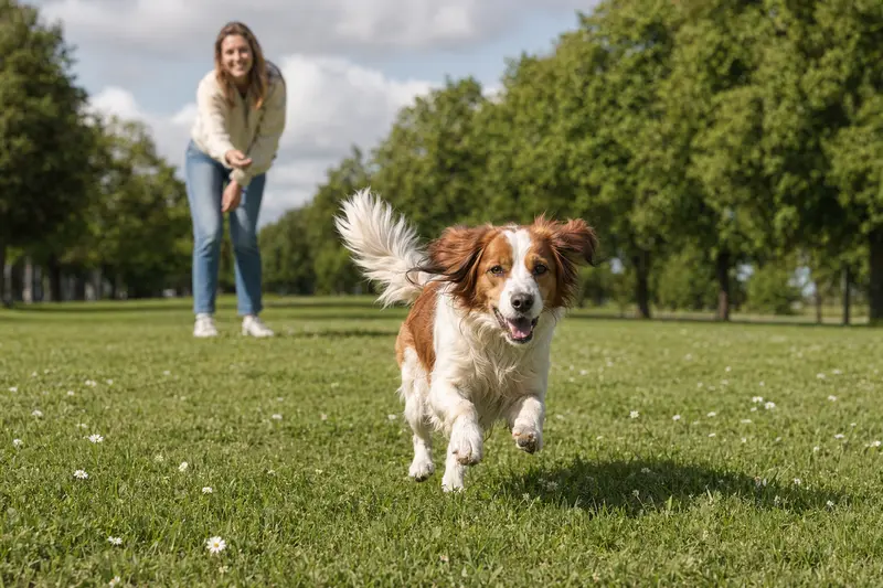 Ein vitaler Niederländisches Kooikerhondje Hund läuft fröhlich über eine grüne Wiese, während sein Besitzer im Hintergrund spielt.