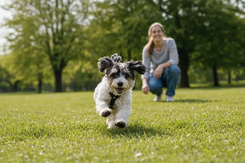 Ein fröhlicher Nishon-Terrier rennt über eine grüne Wiese, während sein Besitzer im Hintergrund mit ihm spielt, was ein gesundes und aktives Leben symbolisiert.