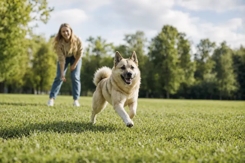 Ein fröhlicher Norwegischer Buhund läuft über eine grüne Wiese, während sein Besitzer im Hintergrund spielt.