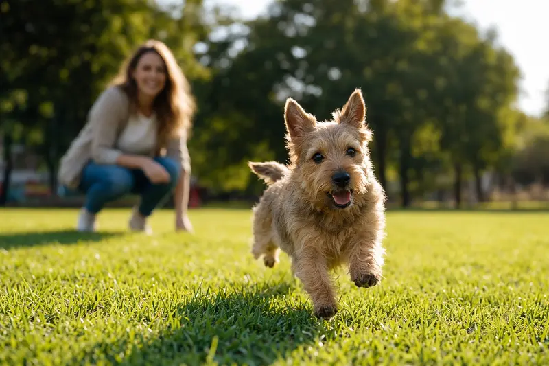 Ein vitaler Norwich Terrier läuft fröhlich über eine grüne Wiese im Park, während sein Besitzer im Hintergrund mit ihm spielt.
