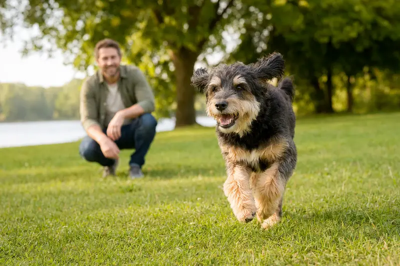 Ein vitaler Hund läuft fröhlich über eine grüne Wiese im Park, während sein Besitzer im Hintergrund mit ihm spielt.