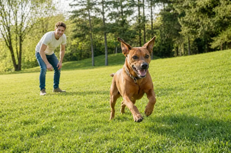 Ein vitaler Österreichischer Kurzhaarpinscher läuft fröhlich über eine grüne Wiese im Park, während sein Besitzer im Hintergrund mit ihm spielt.
