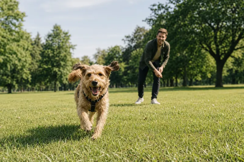 Ein vitaler Hund läuft fröhlich über eine grüne Wiese im Park, während sein Besitzer im Hintergrund mit ihm spielt.