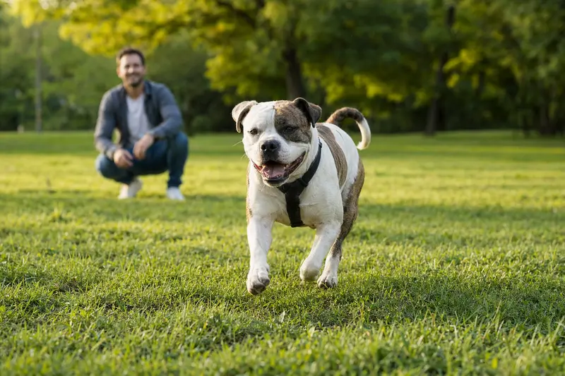 Ein vitaler Old Country Bulldog läuft fröhlich über eine grüne Wiese im Park, während sein Besitzer im Hintergrund mit ihm spielt.