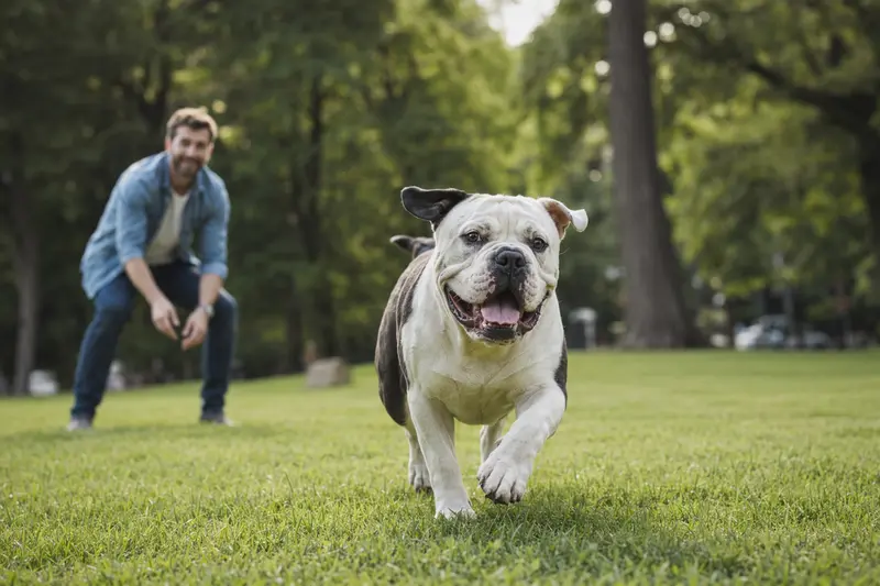 Ein vitaler Old English Bulldog läuft fröhlich über eine grüne Wiese im Park, während sein Besitzer im Hintergrund mit ihm spielt.