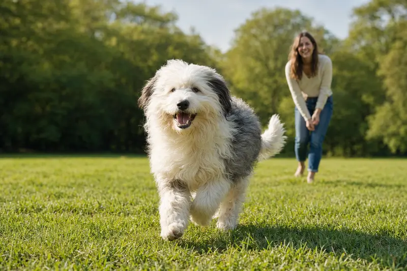 Ein lebhafter Old English Sheepdog spielt glücklich in einem Park mit seinem Besitzer auf einer grünen Wiese.