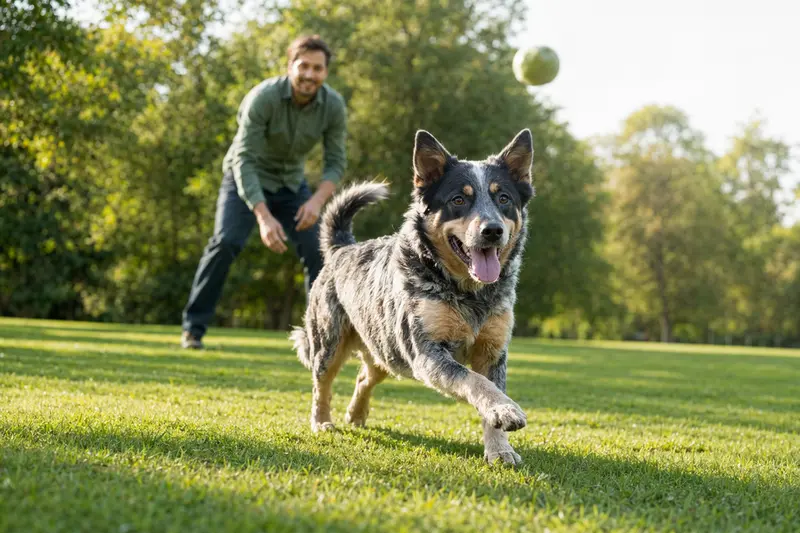 Ein aktiver Ormskirk Heeler Hund läuft fröhlich über eine grüne Wiese im Park, während sein Besitzer im Hintergrund mit ihm spielt.