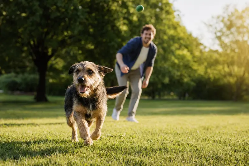 Ein vitaler Oskay Hund läuft fröhlich über eine grüne Wiese im Park, während sein Besitzer im Hintergrund mit ihm spielt.