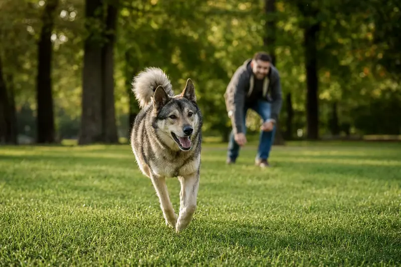 Ein fröhlicher Ostsibirische Laika Hund läuft mit viel Schwung über eine grüne Wiese, während sein Besitzer im Hintergrund mit ihm spielt.