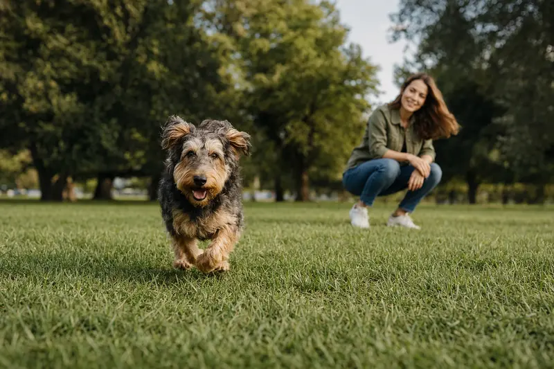 Ein vitaler Paisley Terrier läuft fröhlich über eine grüne Wiese im Park, während sein Besitzer im Hintergrund mit ihm spielt.