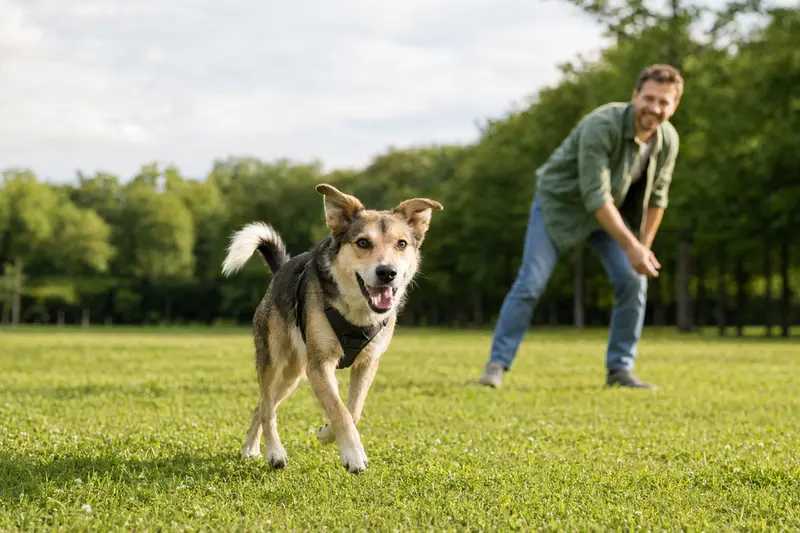 Ein gesunder Paleiyakaran Hund rennt fröhlich über eine grüne Wiese, während sein Besitzer im Hintergrund spielt.
