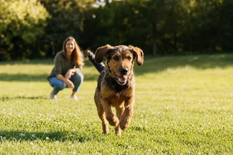 Ein vitaler Pannonischer Spürhund läuft fröhlich über eine grüne Wiese im Park, während sein Besitzer im Hintergrund mit ihm spielt.