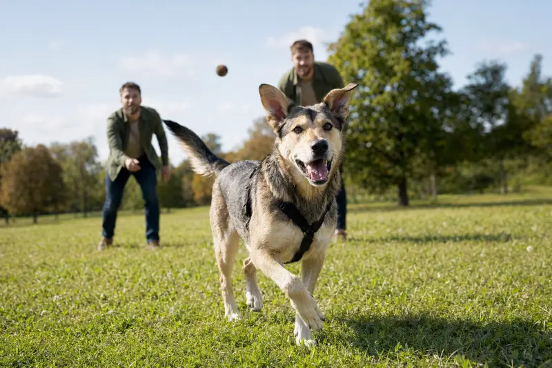 Vitaler Pastor Vasco Hund läuft fröhlich über eine grüne Wiese im Park, während sein Besitzer im Hintergrund mit ihm spielt.
