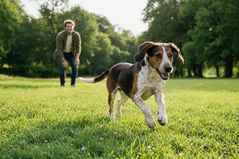 Ein vitaler Peintinger-Bracke Hund läuft fröhlich über eine grüne Wiese im Park, während sein Besitzer im Hintergrund mit ihm spielt.