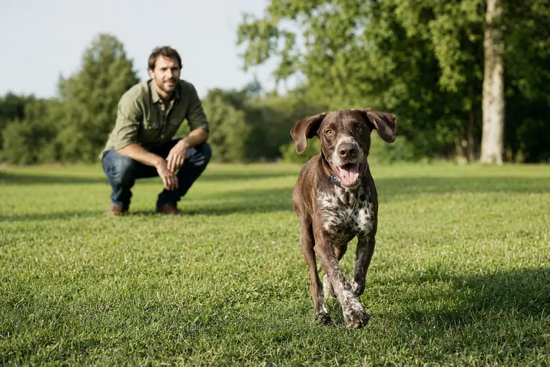 Vitaler Perdiguero Navarro Hund läuft fröhlich über eine grüne Wiese im Park, während sein Besitzer im Hintergrund mit ihm spielt.