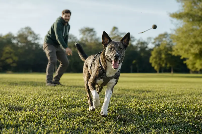 Ein fröhlicher Perro Bardino Majorero läuft auf einer grünen Wiese im Park, während sein Besitzer im Hintergrund mit ihm spielt.