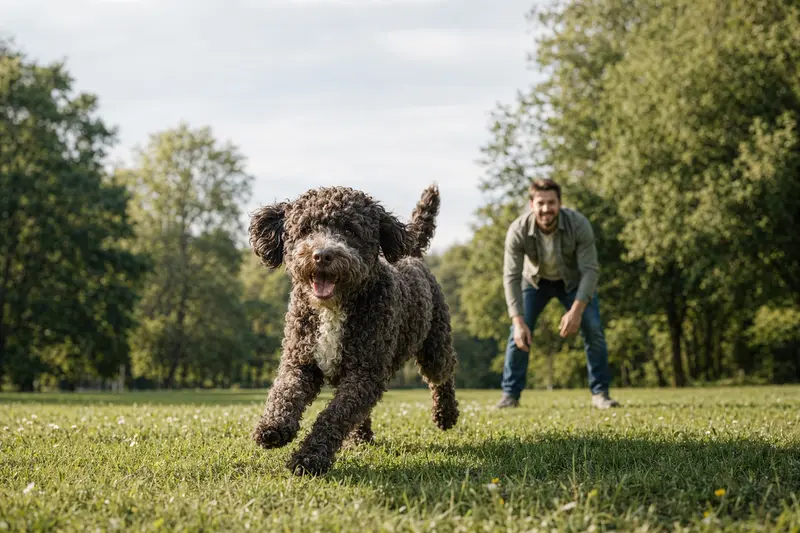 Ein vitaler Perro de agua Americano läuft fröhlich über eine grüne Wiese im Park, während sein Besitzer im Hintergrund mit ihm spielt.