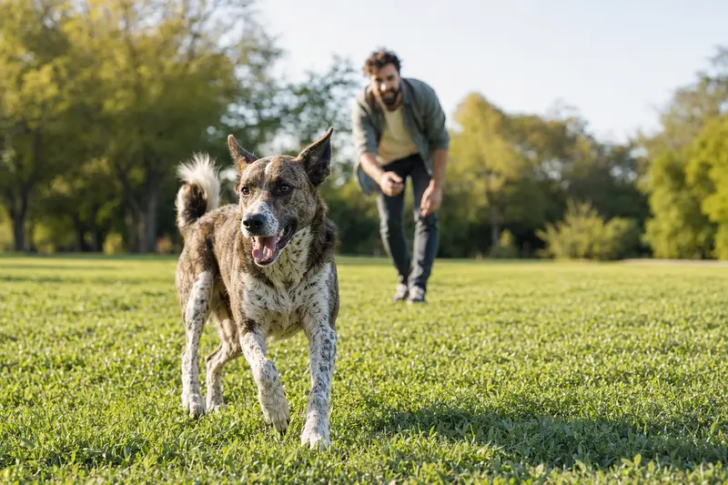 Ein vitaler Perro de Ganado Majorero läuft fröhlich über eine grüne Wiese im Park, während sein Besitzer im Hintergrund mit ihm spielt.