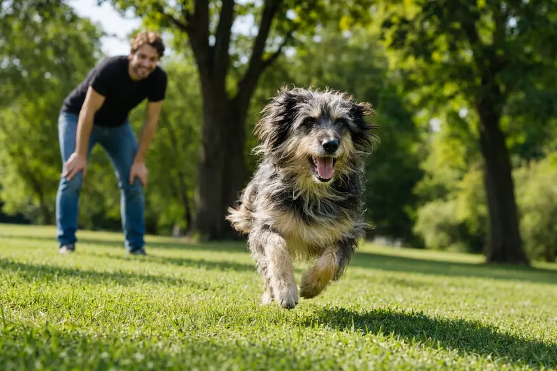Ein vitaler Perro de Pastor Catalan läuft fröhlich über eine grüne Wiese im Park, während sein Besitzer im Hintergrund mit ihm spielt.