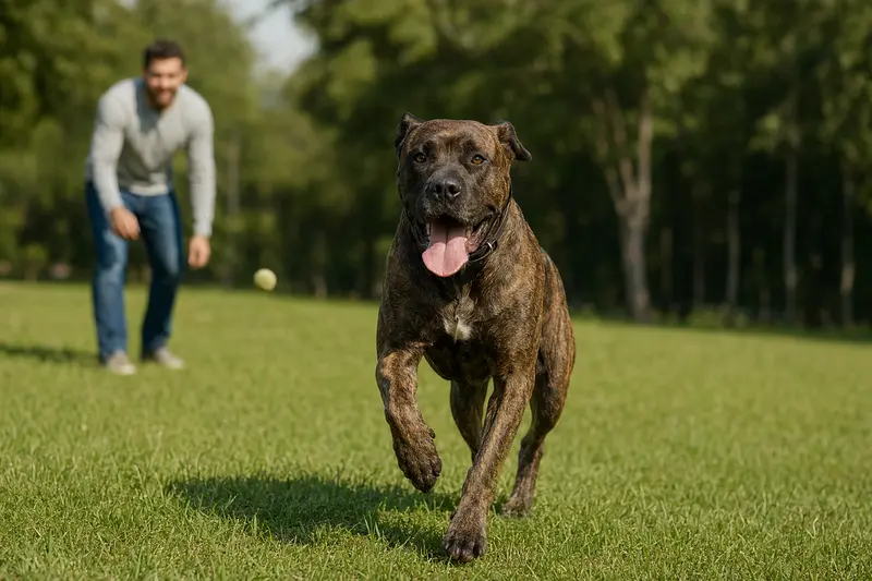 Ein vitaler Perro de Presa Canario läuft fröhlich über eine grüne Wiese im Park, während sein Besitzer im Hintergrund mit ihm spielt.