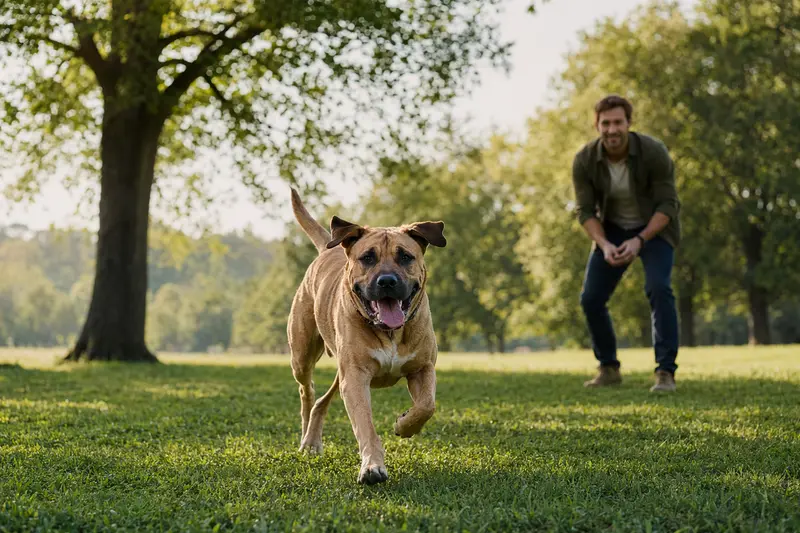 Ein vitaler Perro de Presa Mallorquin läuft fröhlich über eine grüne Wiese im Park, während sein Besitzer im Hintergrund mit ihm spielt.