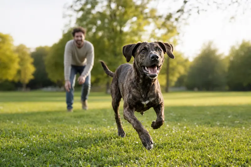 Ein vitaler Perro Dogo Mallorquin läuft fröhlich über eine grüne Wiese im Park, während sein Besitzer im Hintergrund mit ihm spielt.