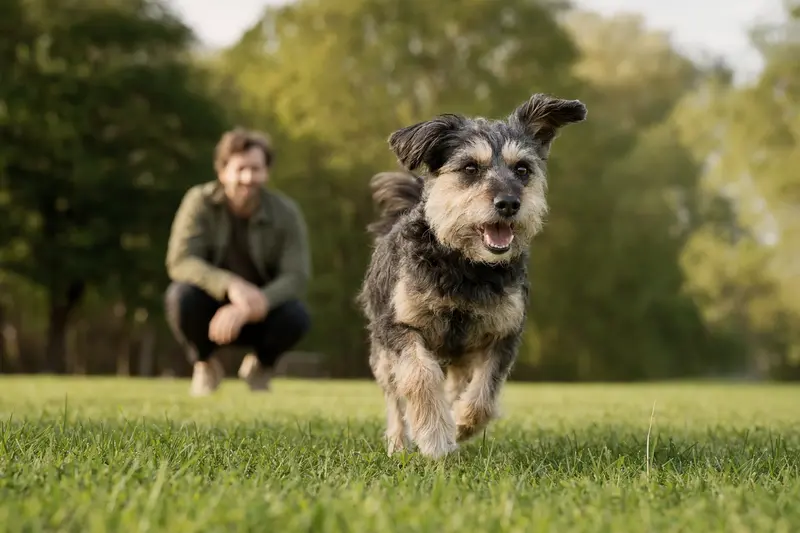 Ein vitaler Perro Gocho Hund läuft fröhlich über eine grüne Wiese im Park, während sein Besitzer im Hintergrund mit ihm spielt.