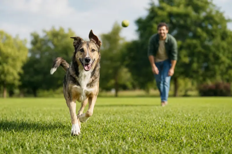 Ein vitaler Perro Majorero läuft fröhlich über eine grüne Wiese im Park, während sein Besitzer im Hintergrund mit ihm spielt.