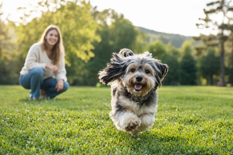 Ein Petit Chien Lion läuft fröhlich über eine grüne Wiese im Park, während sein Besitzer im Hintergrund mit ihm spielt.
