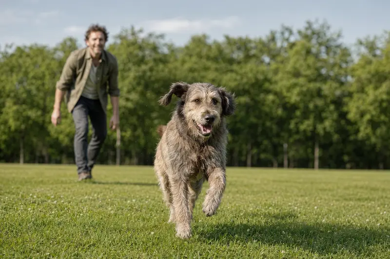 Ein vitaler Picard-Hund läuft fröhlich über eine grüne Wiese im Park, während sein Besitzer im Hintergrund mit ihm spielt.