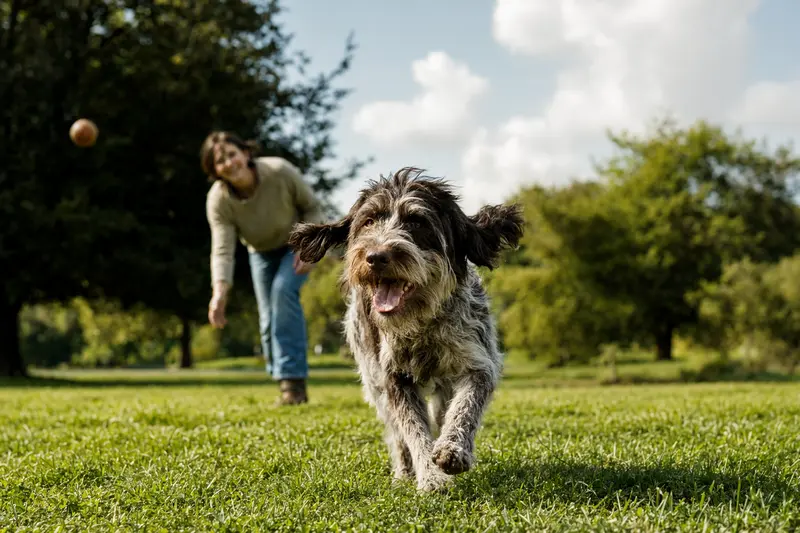 Ein vitaler Picardie-Spaniel läuft fröhlich über eine grüne Wiese im Park, während sein Besitzer im Hintergrund mit ihm spielt.